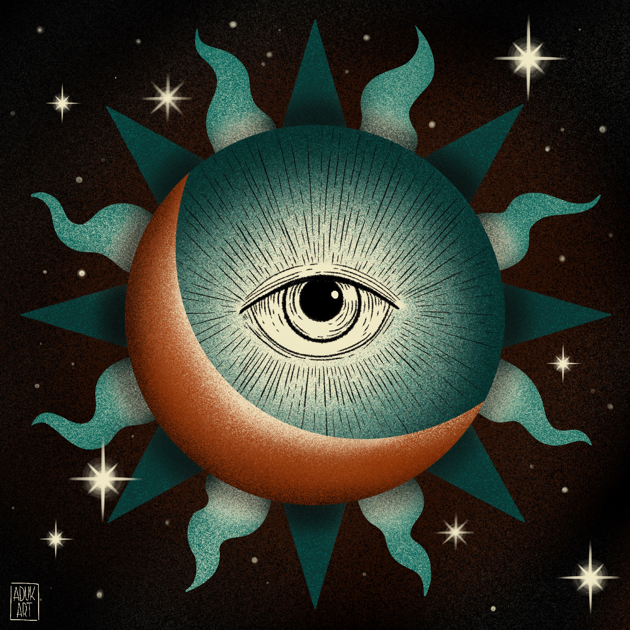 Astrology illustration aun and moon with eye