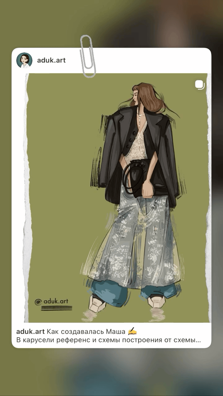 Instagram-style preview card showing the finished Masha fashion illustration on a muted olive green background.