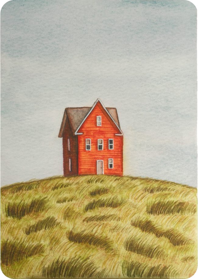 Watercolor painting of a small red house on a grassy hill under a soft sky, displayed on a mini easel with changing light.