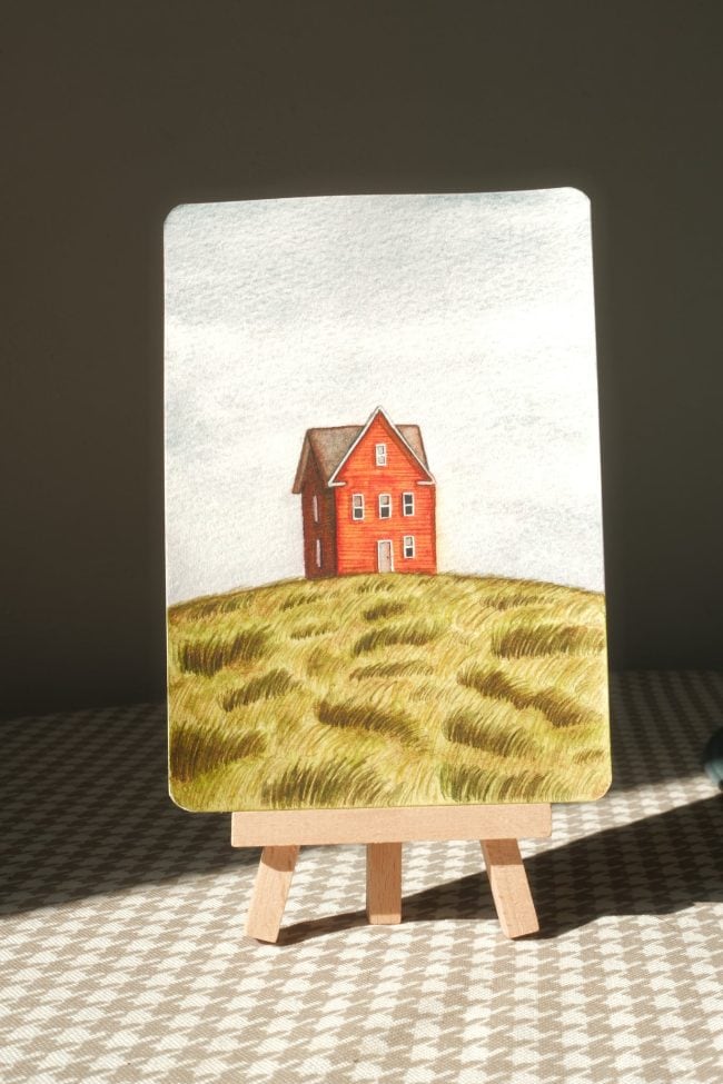 Red House Watercolor Painting – Minimal Landscape Postcard