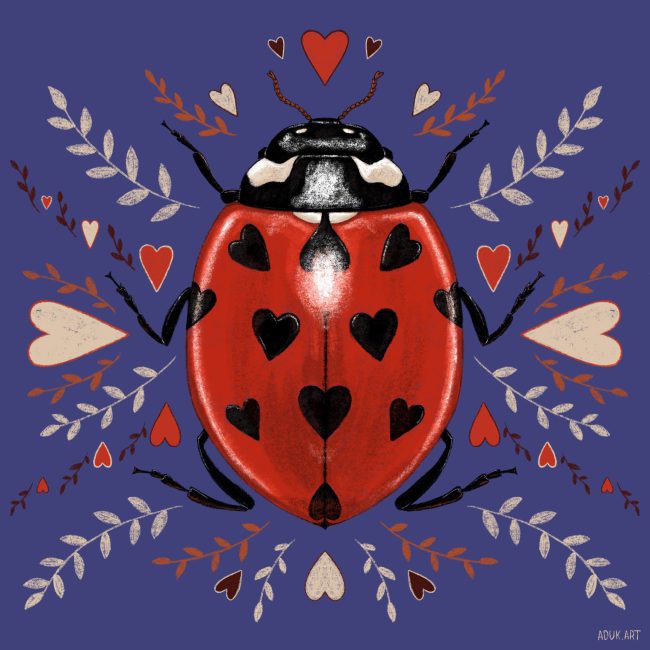 Red ladybug illustration with black heart-shaped spots, surrounded by decorative leaves and hearts on a blue background.
