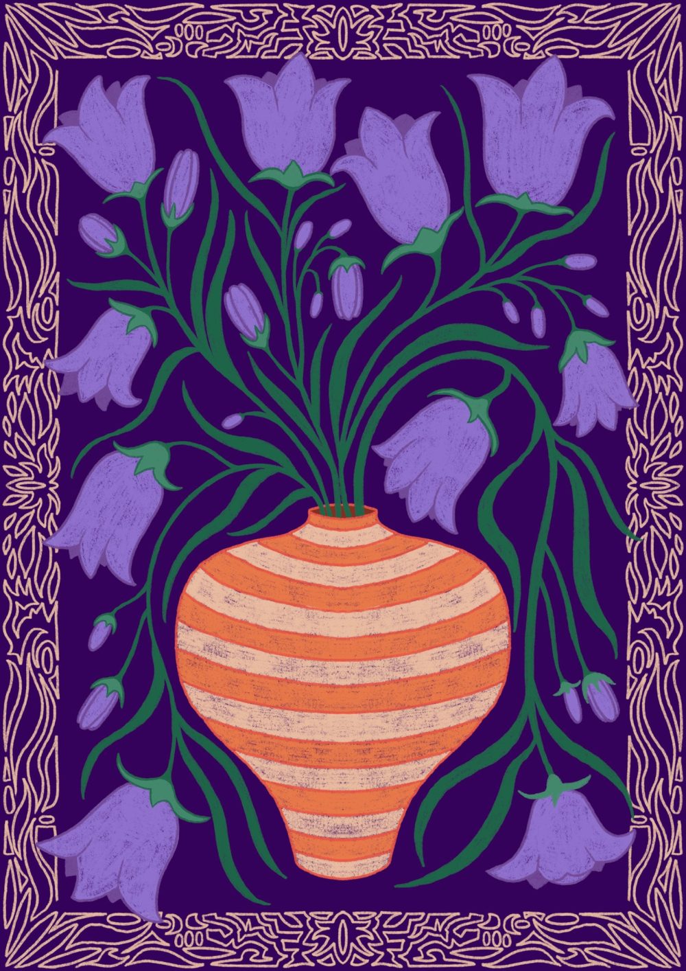 A stylized illustration of purple bell-shaped flowers in an orange and cream striped vase, set against a dark purple background with an intricate gold border.