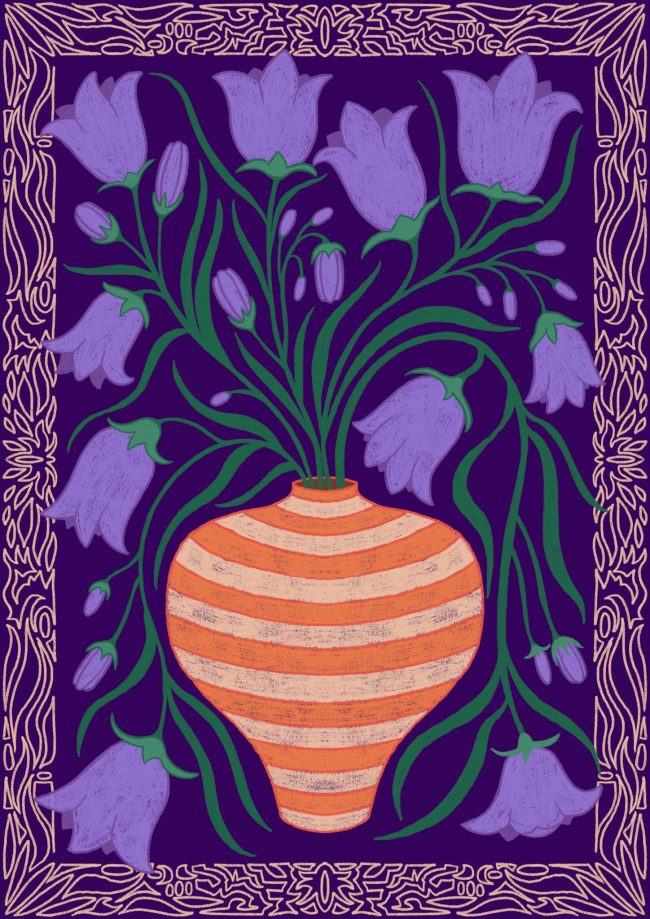 A stylized illustration of purple bell-shaped flowers in an orange and cream striped vase, set against a dark purple background with an intricate gold border.
