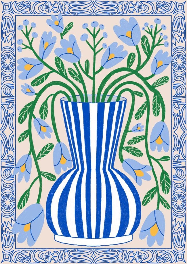 Blue flower illustration in a striped blue vase with green stems and decorative blue border on a light beige background.