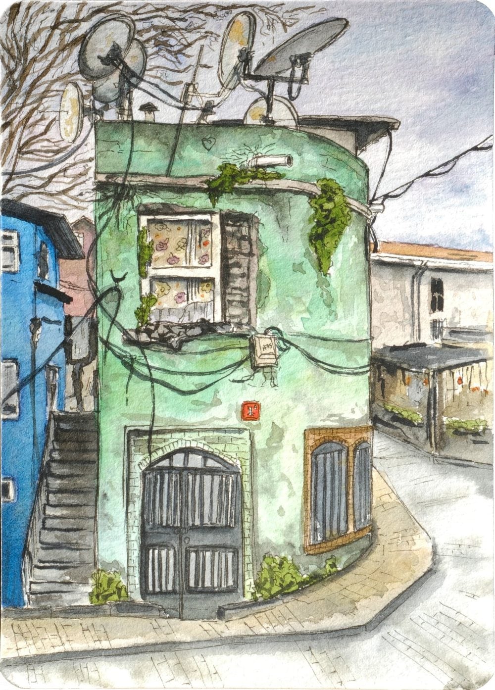 Close-up watercolor painting of an old green Istanbul house with wires, ivy, satellite dishes, floral curtains, and curved corner architecture.