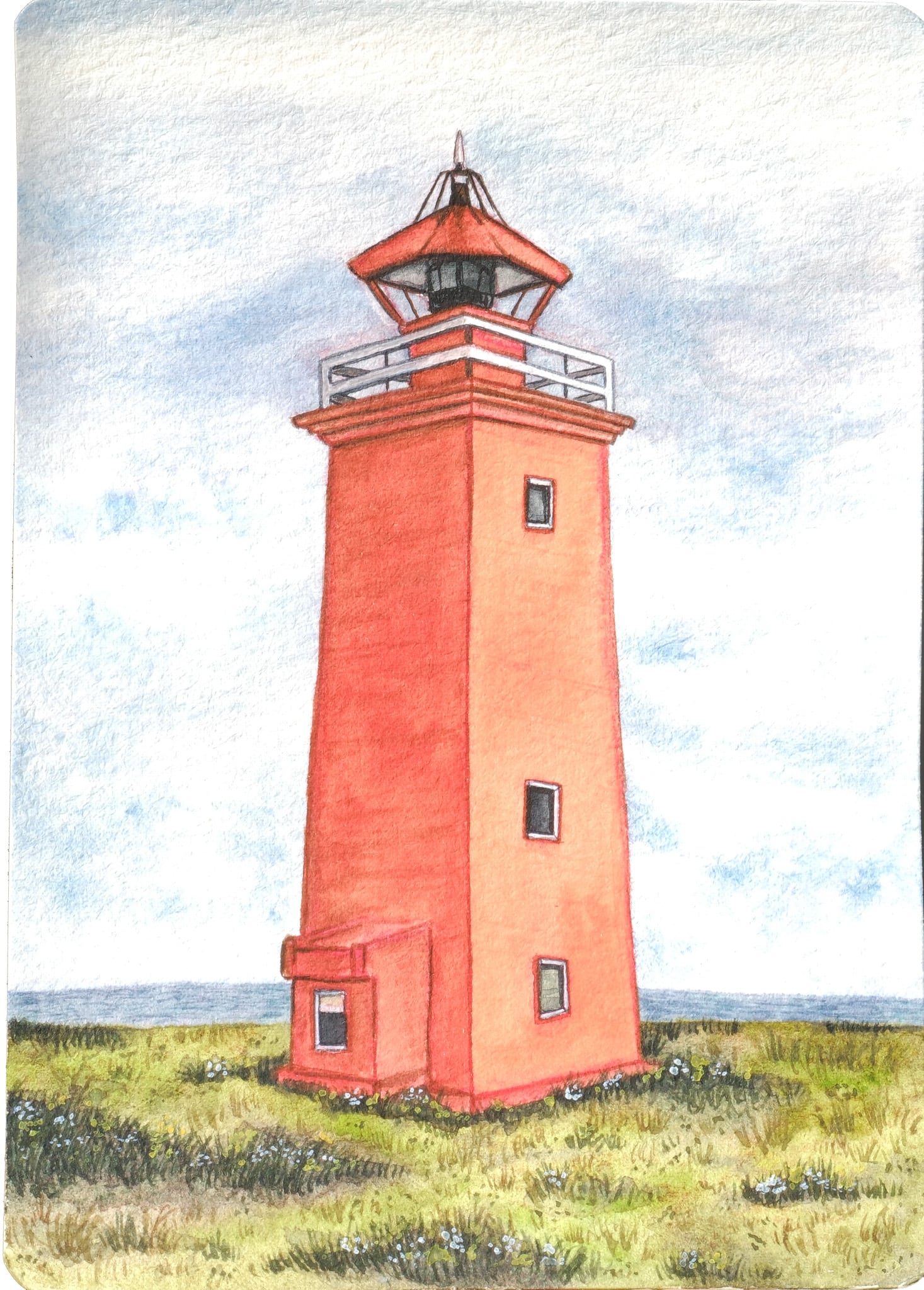 Original watercolor postcard painting of a coral lighthouse in a coastal landscape. Handmade fine-art watercolor on textured paper by Aduk Art.