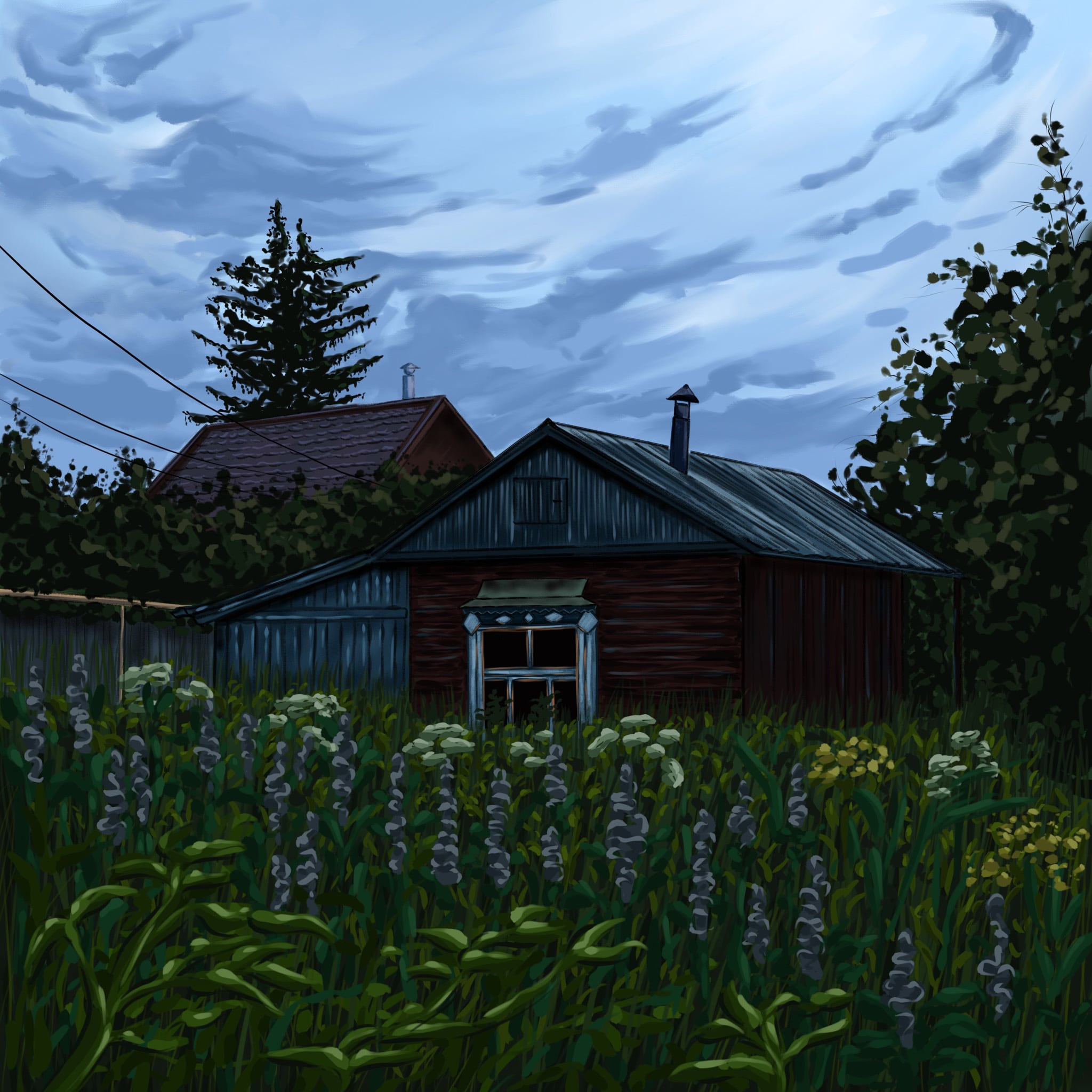 Old village house with lights off