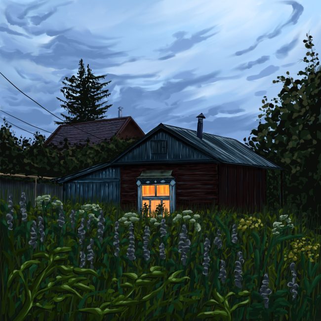 Illustration of a small rural wooden house at dusk with a glowing window, surrounded by tall grass and wildflowers under a cloudy sky.