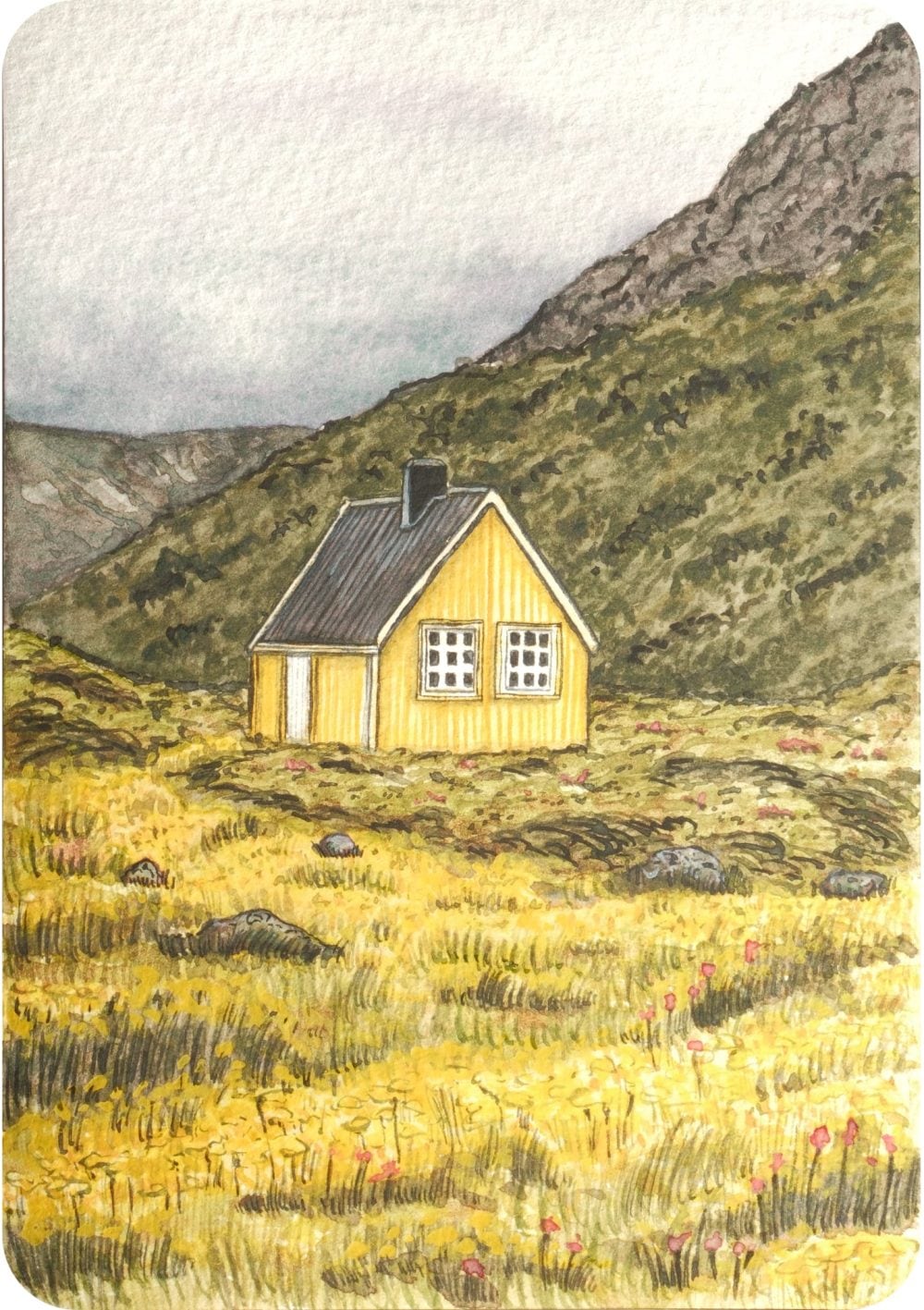 Watercolor painting of a small yellow cottage in a grassy mountain landscape with soft sky and textured paper background.