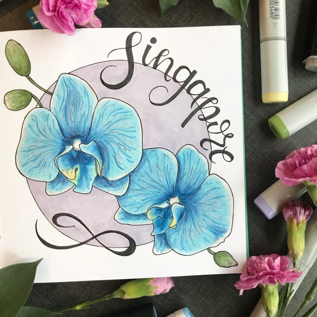 Singapore Orchid Watercolor Marker Painting — blue Singapore orchids with flowing script lettering; visible details include blue orchid forms, script lettering, botanical page balance.
