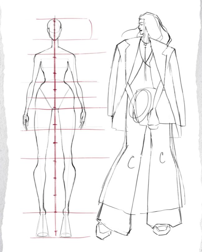 Body proportion guide in red and black beside a rough sketch of Masha in an oversized jacket and flowing layered outfit.