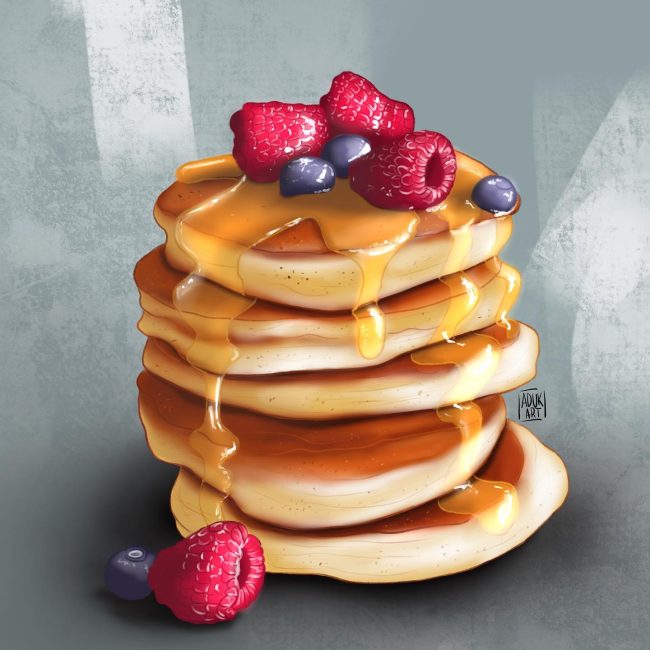 Digital illustration of a pancake stack with berries and syrup by Adelya