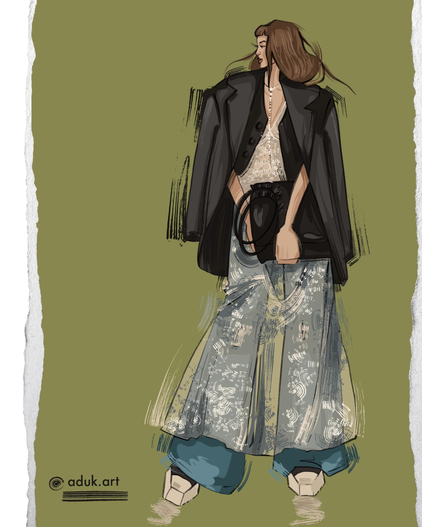 Finished digital fashion illustration of Masha wearing an oversized black jacket, cream lace dress over blue jeans, and white platform shoes on an olive green background.