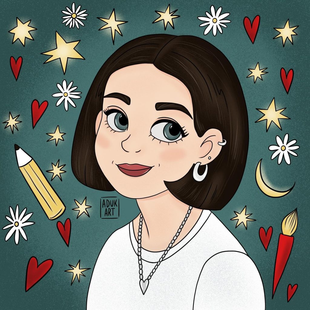 Minimal illustrated avatar portrait of a young woman with short dark hair, silver jewelry, and a teal background.