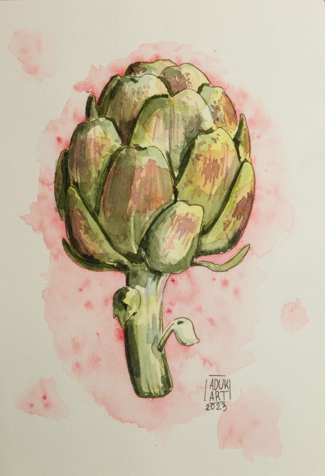 Watercolor painting of a green artichoke with soft pink background splashes.