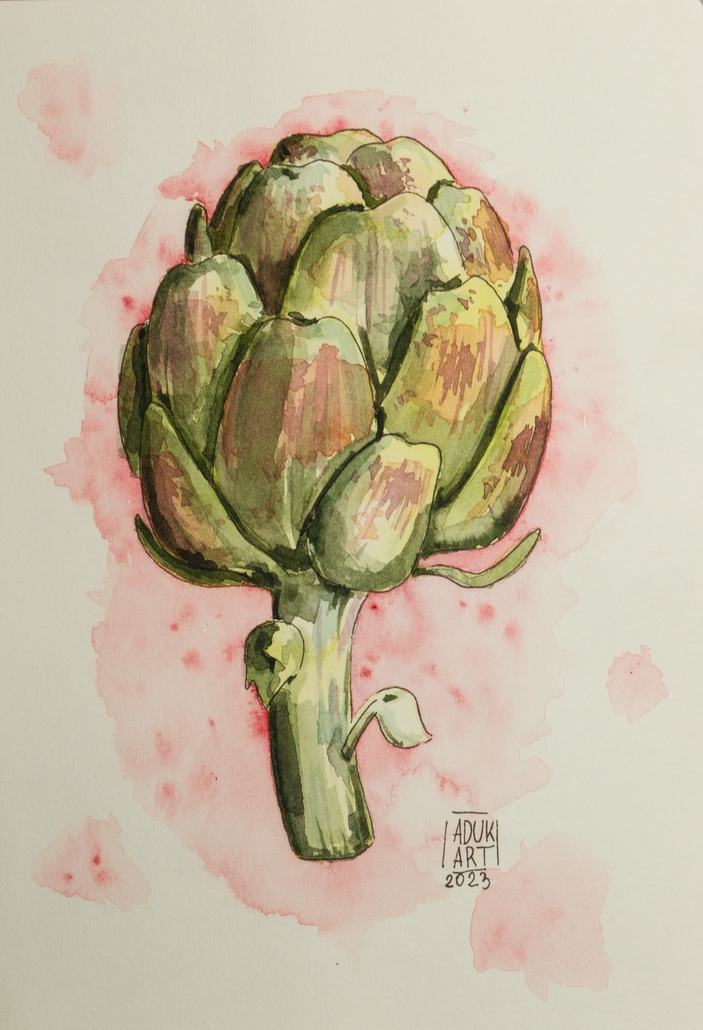 Watercolor painting of a green artichoke with soft pink background splashes.