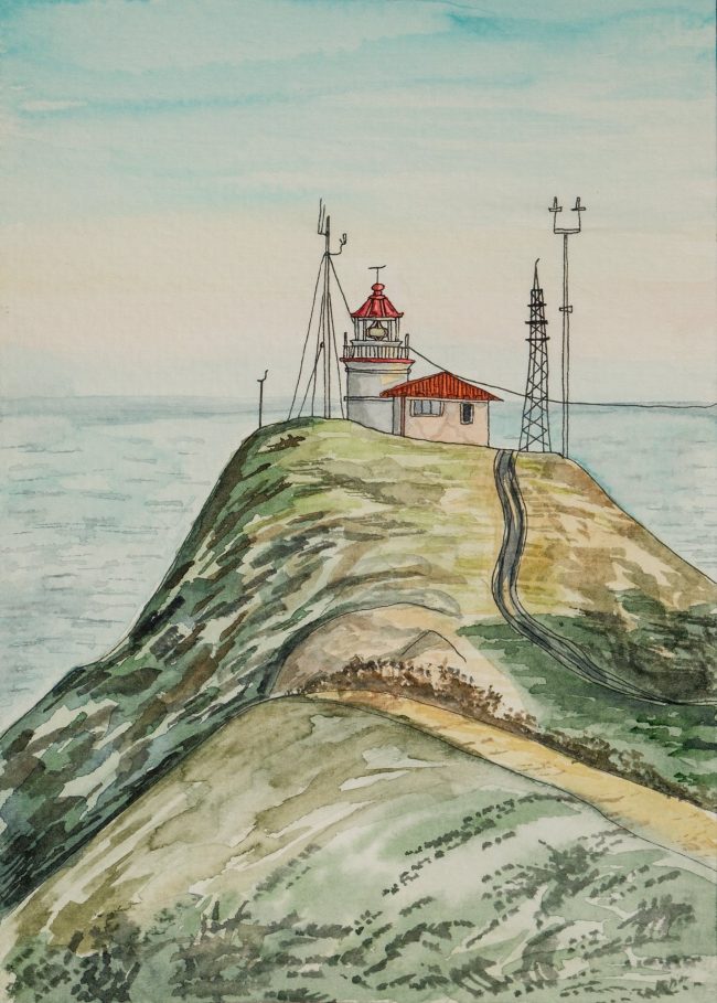 Watercolor painting of Cape Emine in Bulgaria showing a lighthouse, sea horizon, and grassy cliff path.