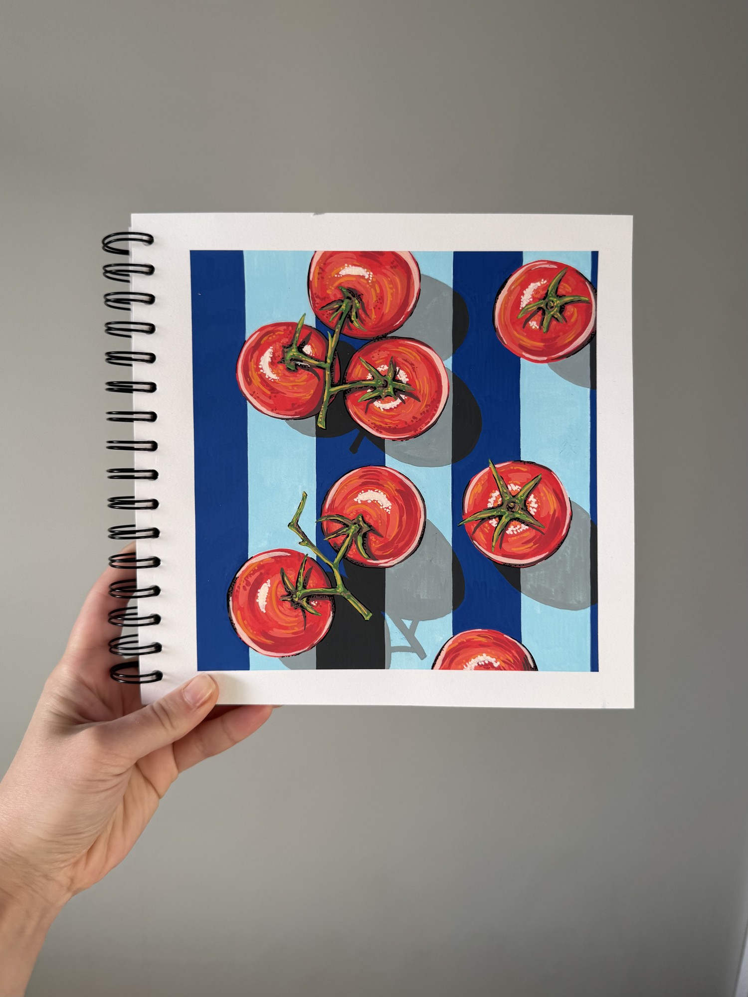 A journal-style studio note about a vivid ENMY acrylic marker tomato sketch: red fruit, blue stripes, progress photos, and two process videos from Adelya’s sketchbook.