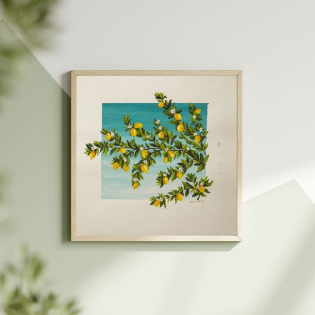 Framed wall mockup of Lemon Branches botanical artwork by ADUK.ART