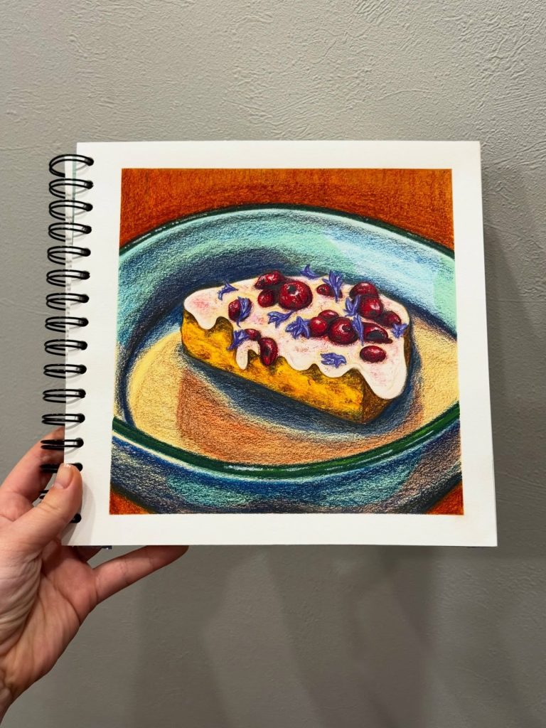 The cake, in coloured pencil