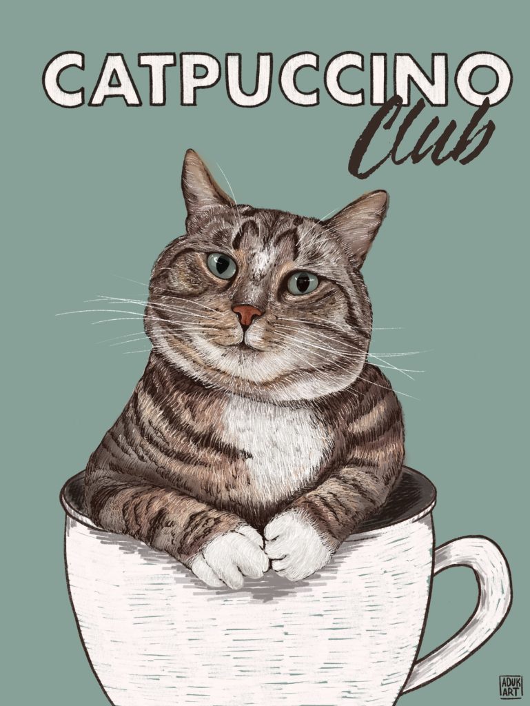 Textured digital portrait of the tabby cat Semyon sitting inside an oversized white coffee cup beneath the words Catpuccino Club on a sage-green background.