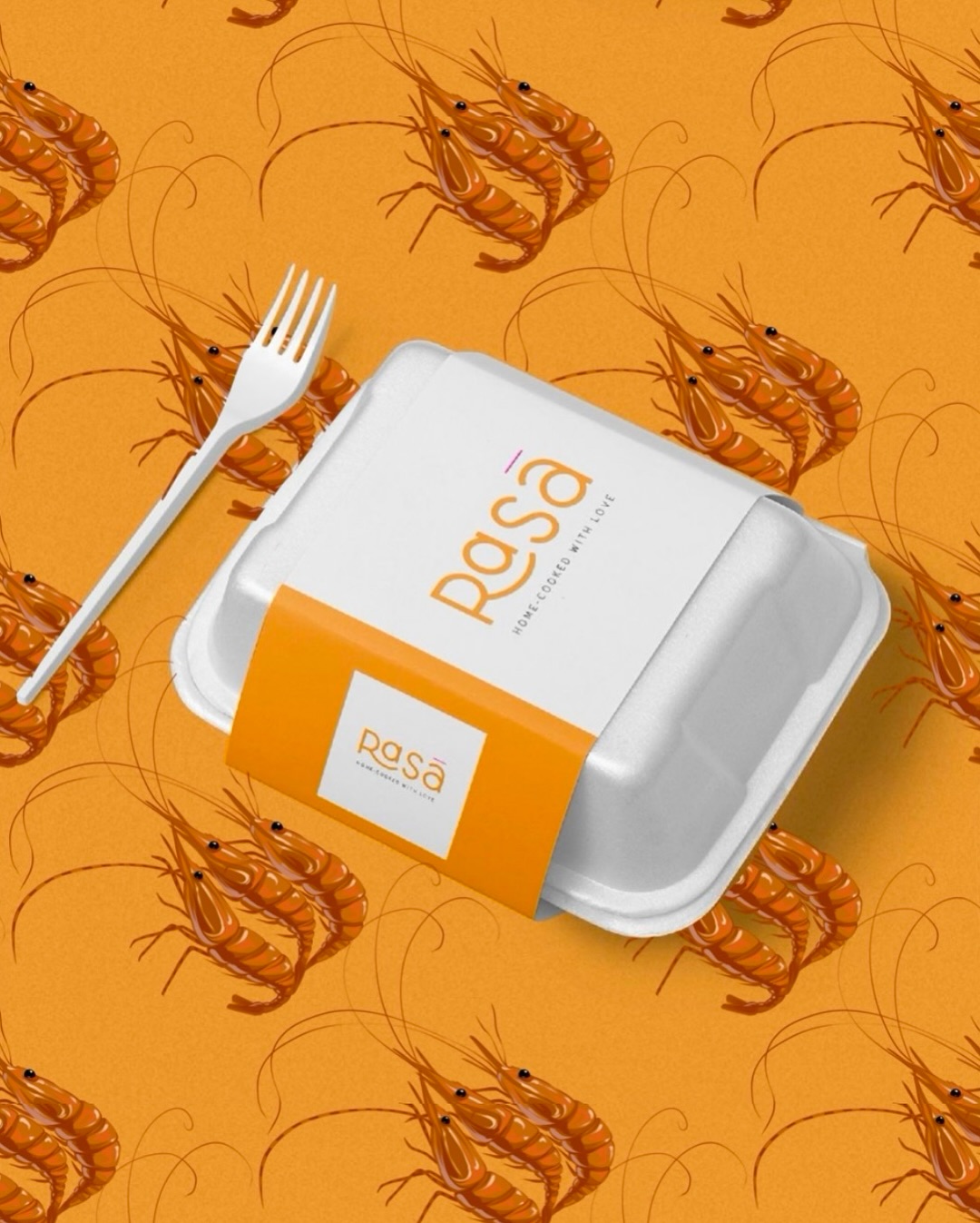 White takeaway food container with orange Rasa branding placed on an orange repeating shrimp pattern beside a white fork.