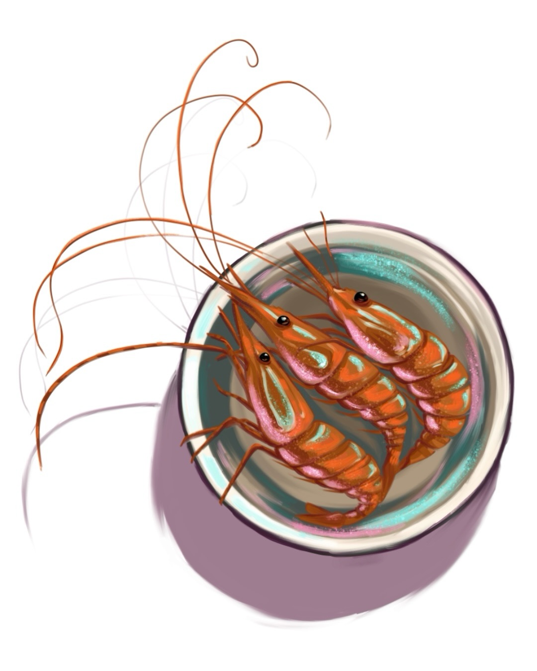 Digital food illustration of three orange shrimp with pink and turquoise highlights arranged inside a reflective bowl on white.