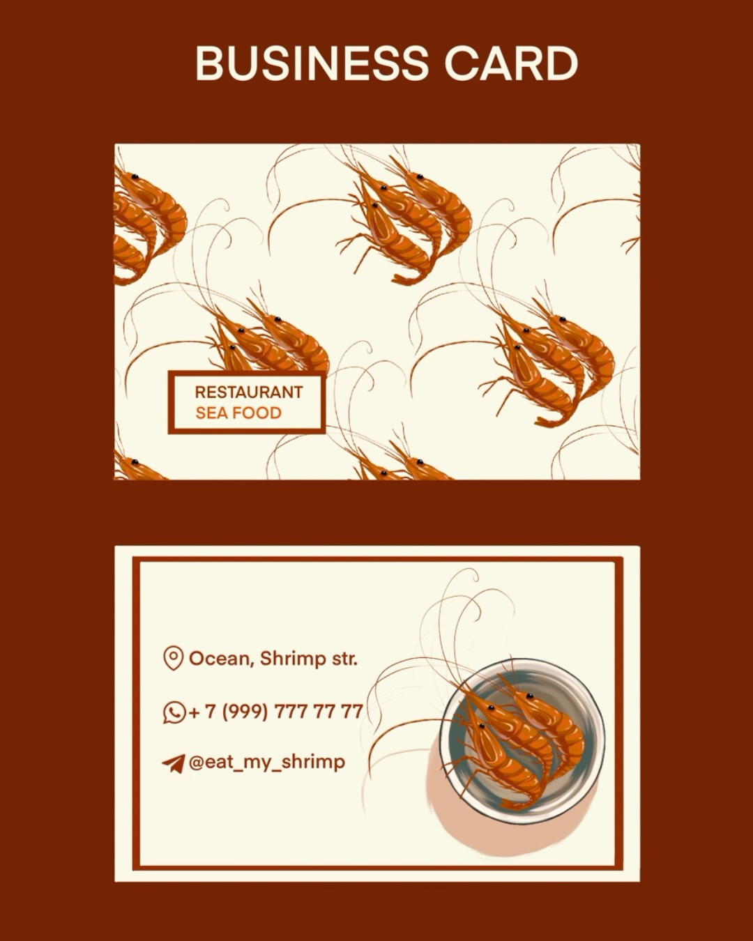 Two-sided seafood restaurant business-card concept using shrimp patterns, cream panels, rust-brown borders, and sample contact details.