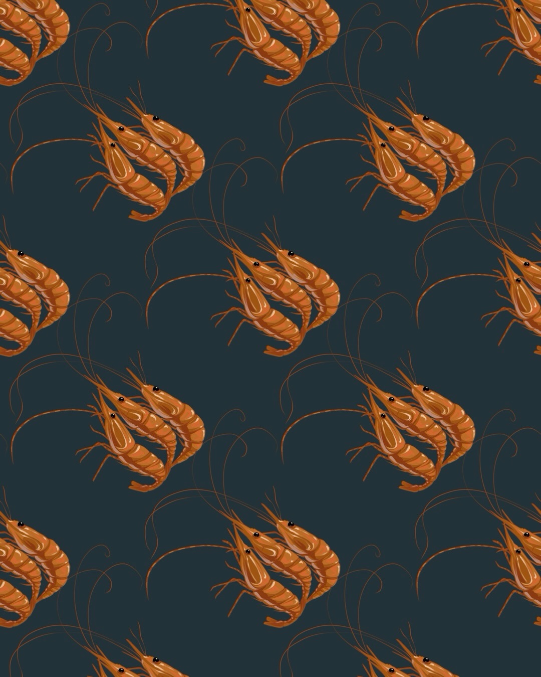 Seamless repeat pattern of grouped orange shrimp with long curved antennae on a dark teal background.