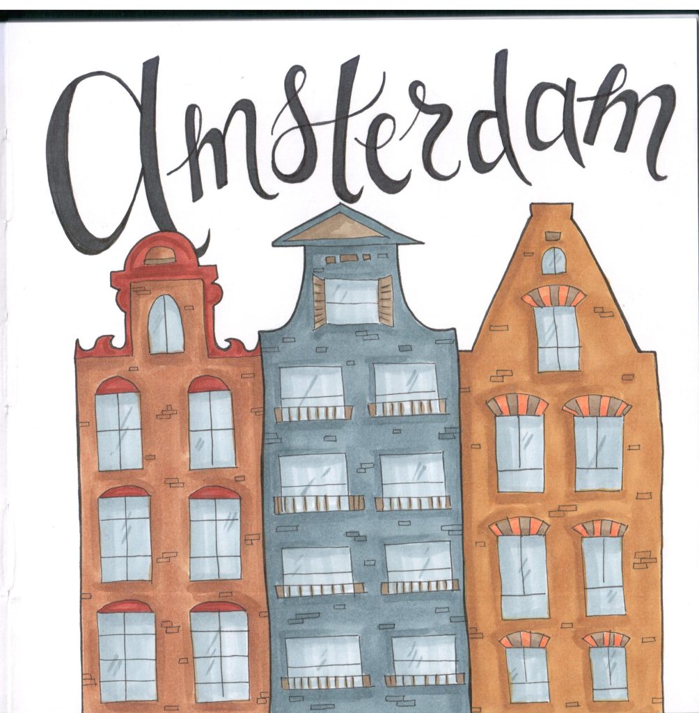 Marker drawing of three Amsterdam canal houses in orange, blue-grey and ochre under the word Amsterdam in black brush lettering, by Adelya