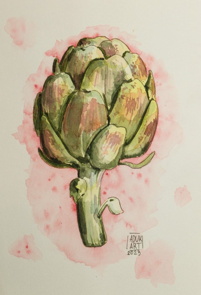 Watercolour drawing of a green artichoke on its stem over soft pink splashes, by Adelya