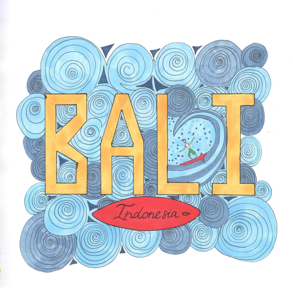 Sketchbook page with the word BALI in tall yellow letters over blue spiral waves, a tiny surfer riding a wave and Indonesia written on a red surfboard, by Adelya