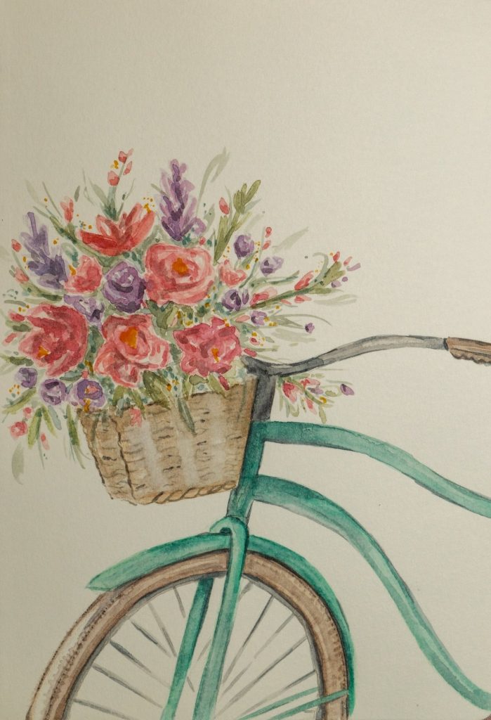 Watercolour drawing of the front of a mint green bicycle with a wicker basket full of pink and purple flowers, by Adelya