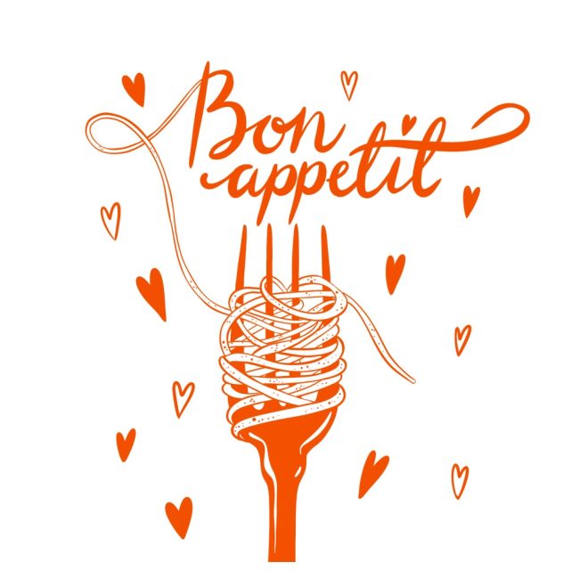 Orange hand lettering reading Bon appétit above a fork twirling spaghetti, by Adelya