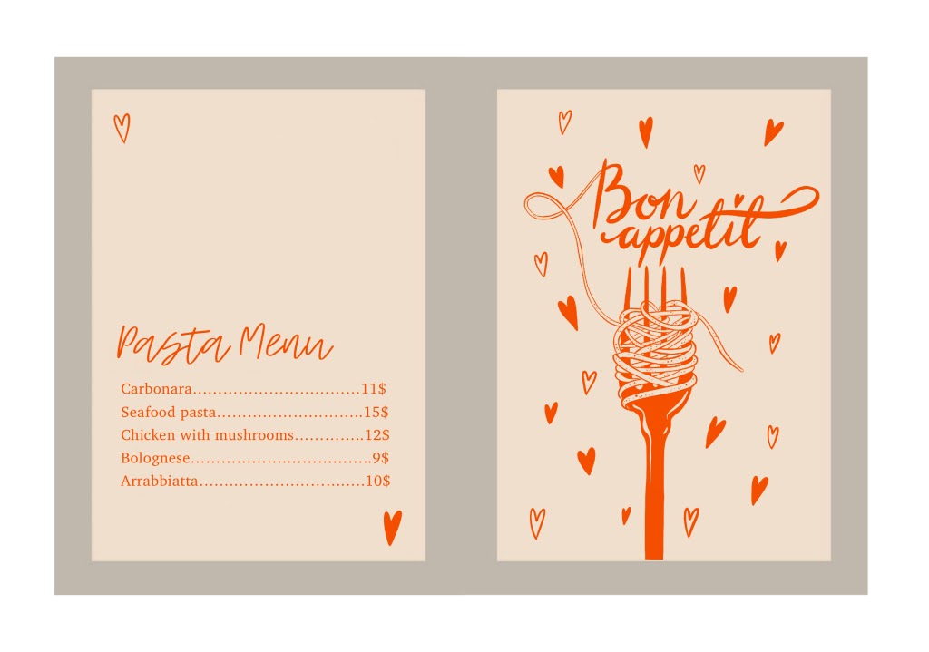 Two-page pasta menu concept with hand-lettered Bon appétit and an orange fork-and-spaghetti illustration by Adelya