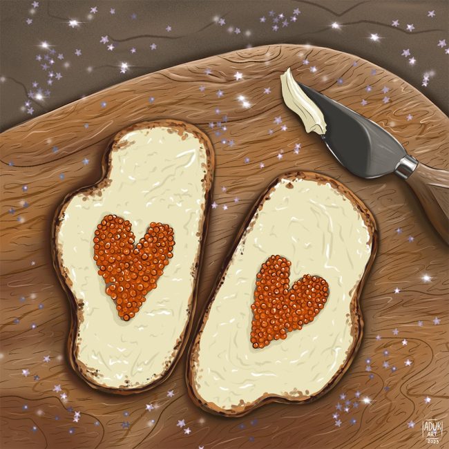 Digital illustration of two toasts with heart-shaped red caviar on a wooden board by Adelya