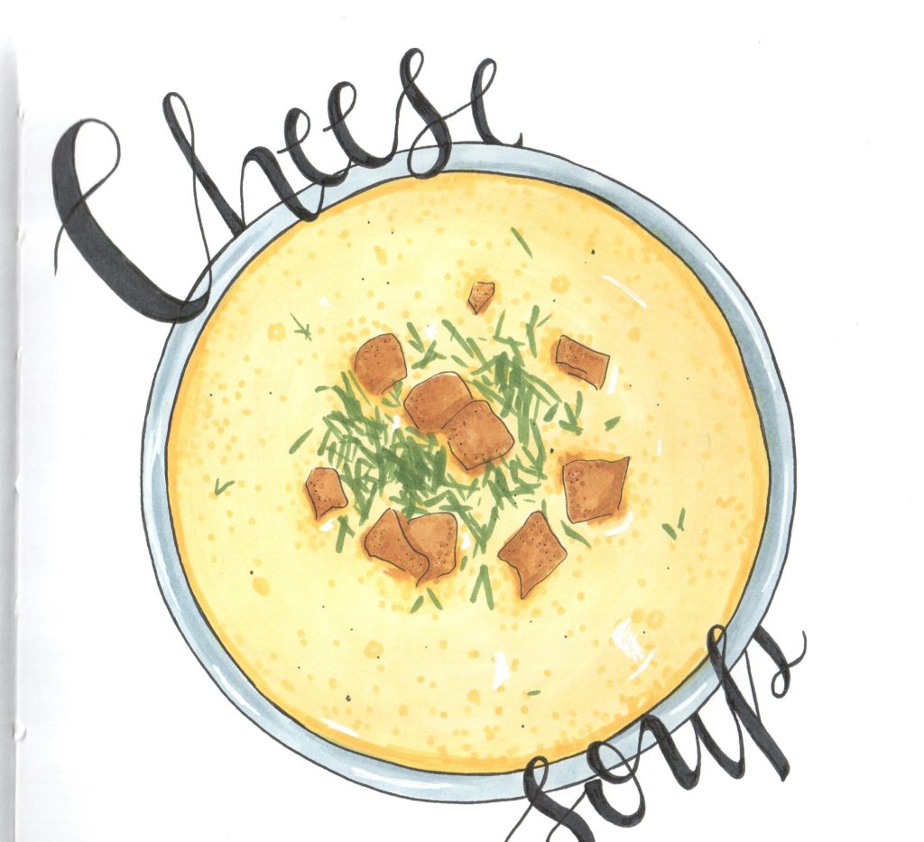 Marker drawing of a bowl of yellow cheese soup with croutons and dill, seen from above, with Cheese soup in brush lettering, by Adelya