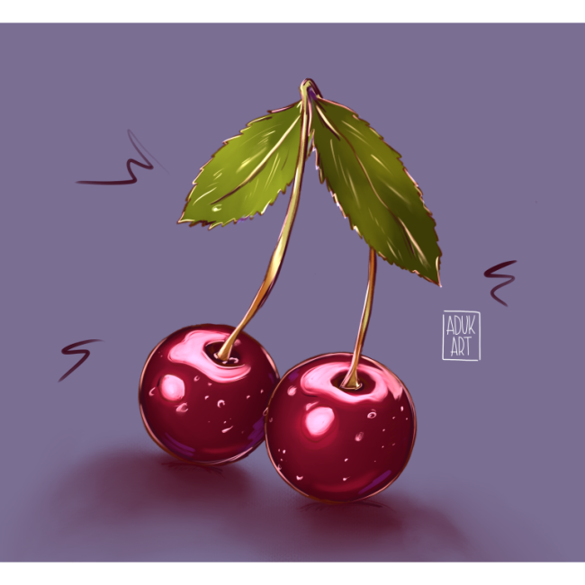 Digital illustration of two glossy cherries with leaves on a mauve background by Adelya