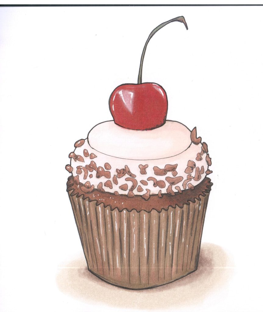 Marker drawing of a chocolate cupcake with pink frosting, chopped nuts around the edge and a red cherry on top, by Adelya
