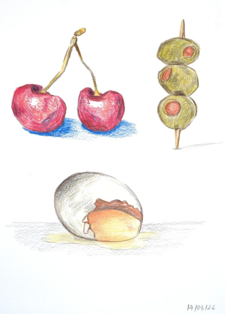 Coloured pencil studies of two red cherries, three green olives on a pick and a cracked egg, dated 17/03/26, by Adelya
