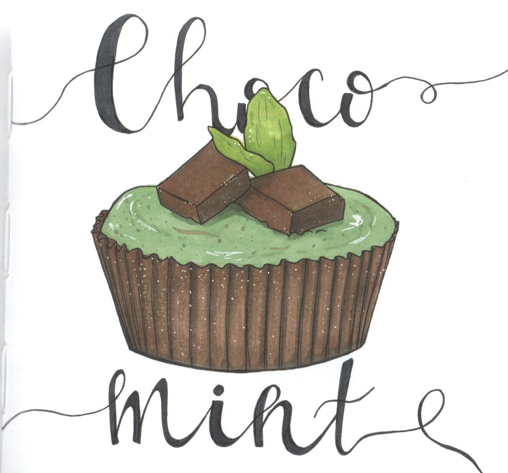 Marker drawing of a chocolate cupcake with green mint cream, chocolate pieces and a mint leaf, framed by Choco mint in brush lettering, by Adelya
