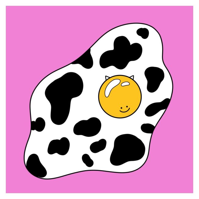 Illustration of a fried egg with black cow spots on a pink background, by Adelya