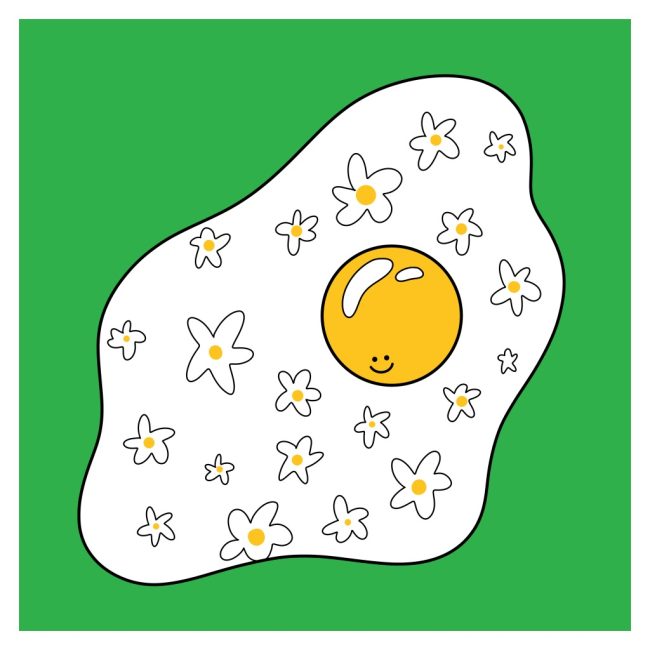 Illustration of a smiling fried egg patterned with daisies on a green background, by Adelya
