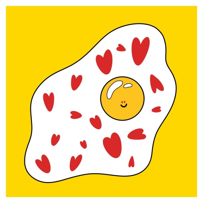 Illustration of a smiling fried egg patterned with red hearts on a yellow background, by Adelya