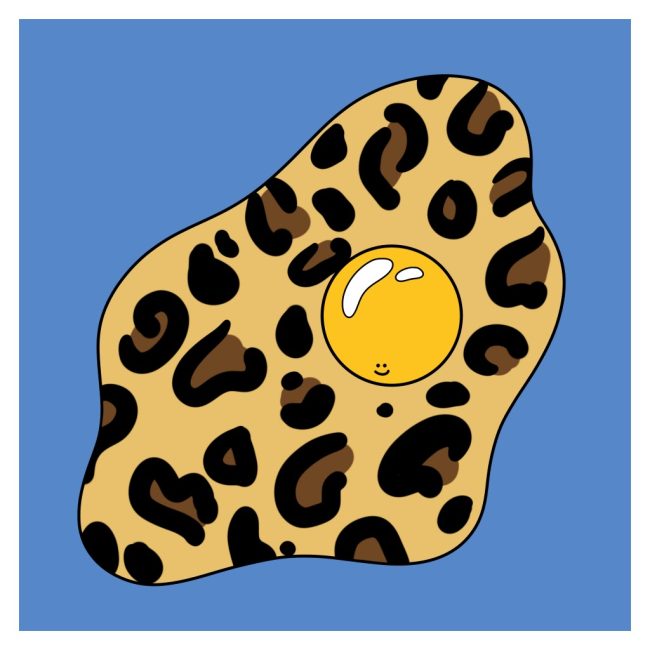 Illustration of a fried egg with leopard spots on a blue background, by Adelya