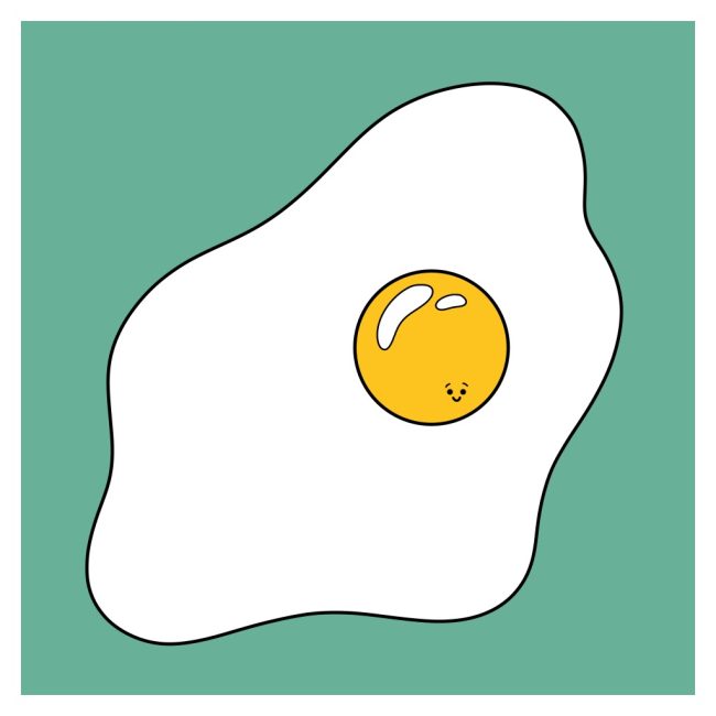 Illustration of a fried egg on a teal background, by Adelya