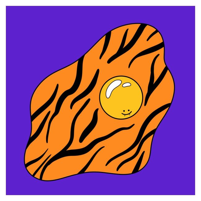 Illustration of a fried egg with tiger stripes on a purple background, by Adelya