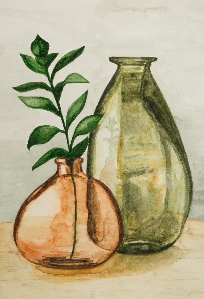 Watercolour drawing of a round amber glass vase holding a green branch beside a tall olive green glass vase, by Adelya
