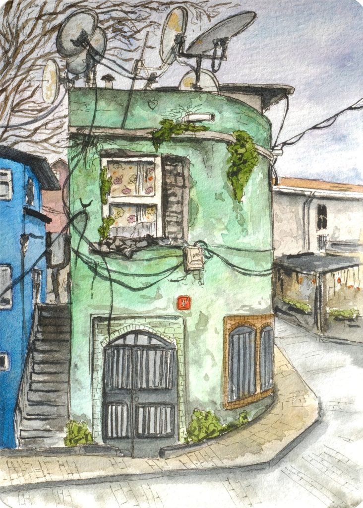 Ink and watercolour drawing of an old green corner house in Istanbul with satellite dishes and cables on the roof, by Adelya