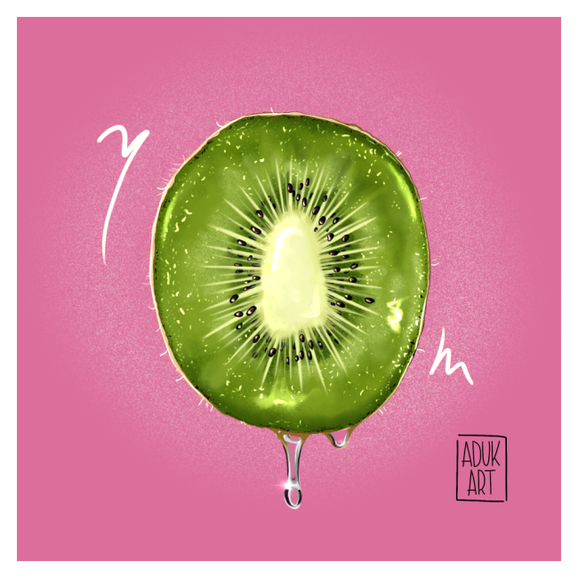 Digital illustration of a dripping kiwi slice on a pink background by Adelya